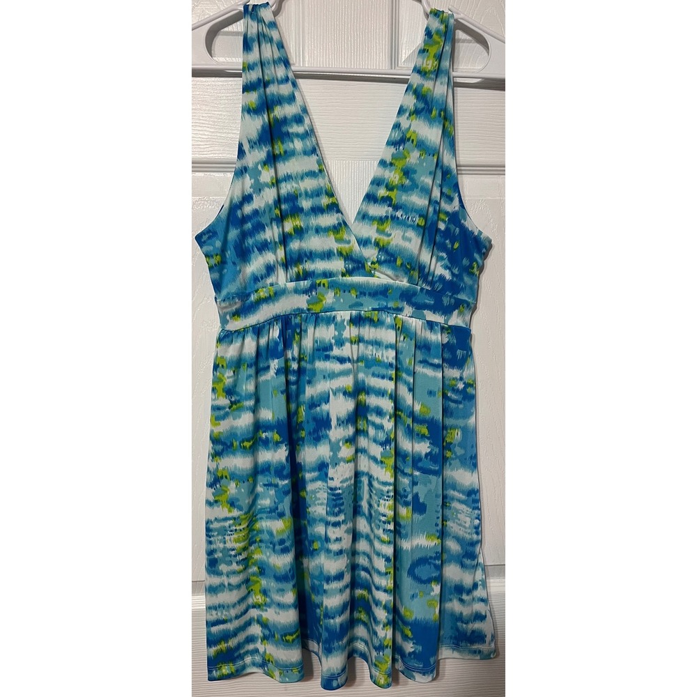 J Valdi Womens Blue Abstract V Neck Empire Waist Mini Dress L NWT (Runs Small)